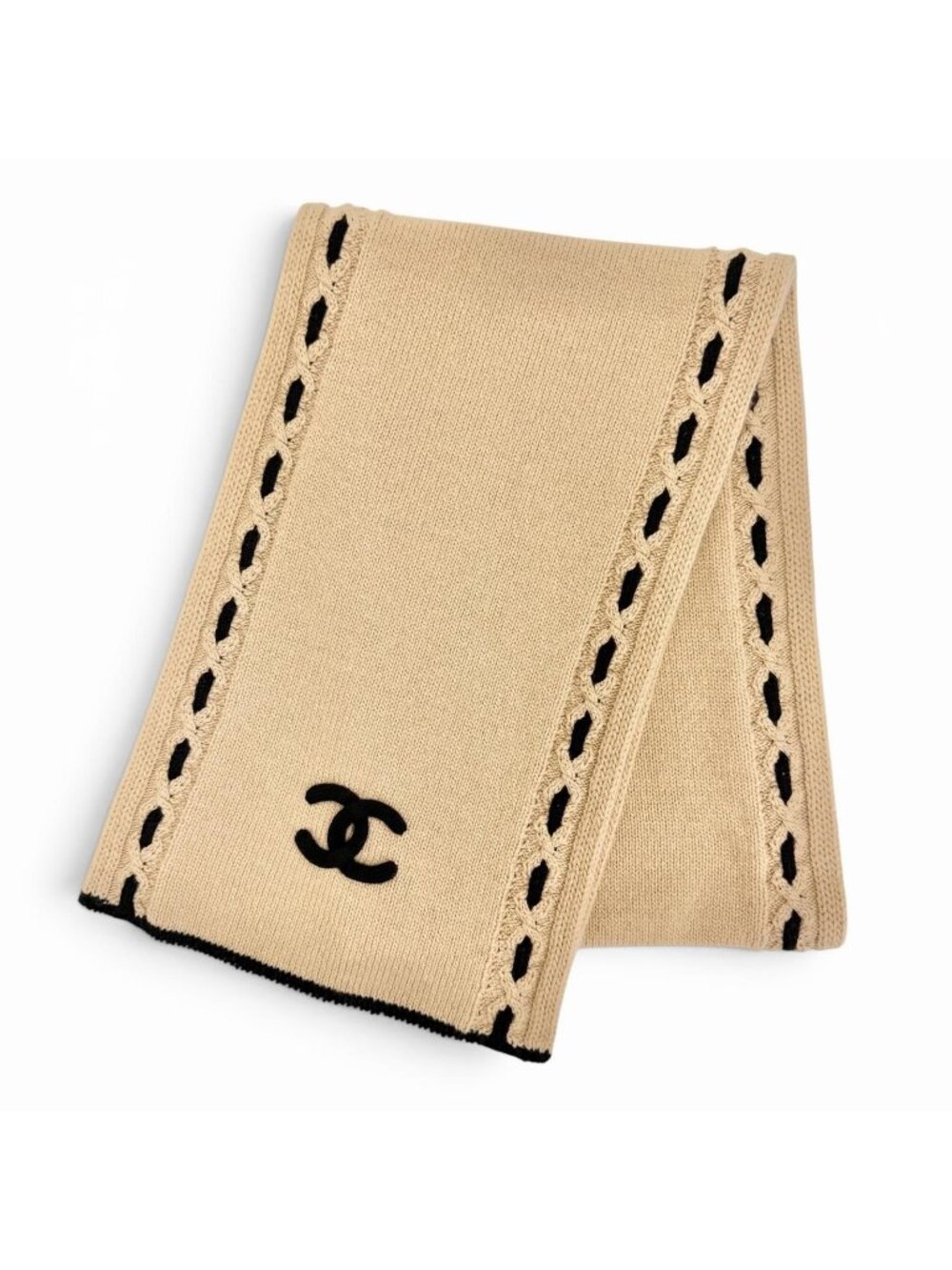 Chanel Cashmere CC Logo Long Scarf Shawl Beige Black